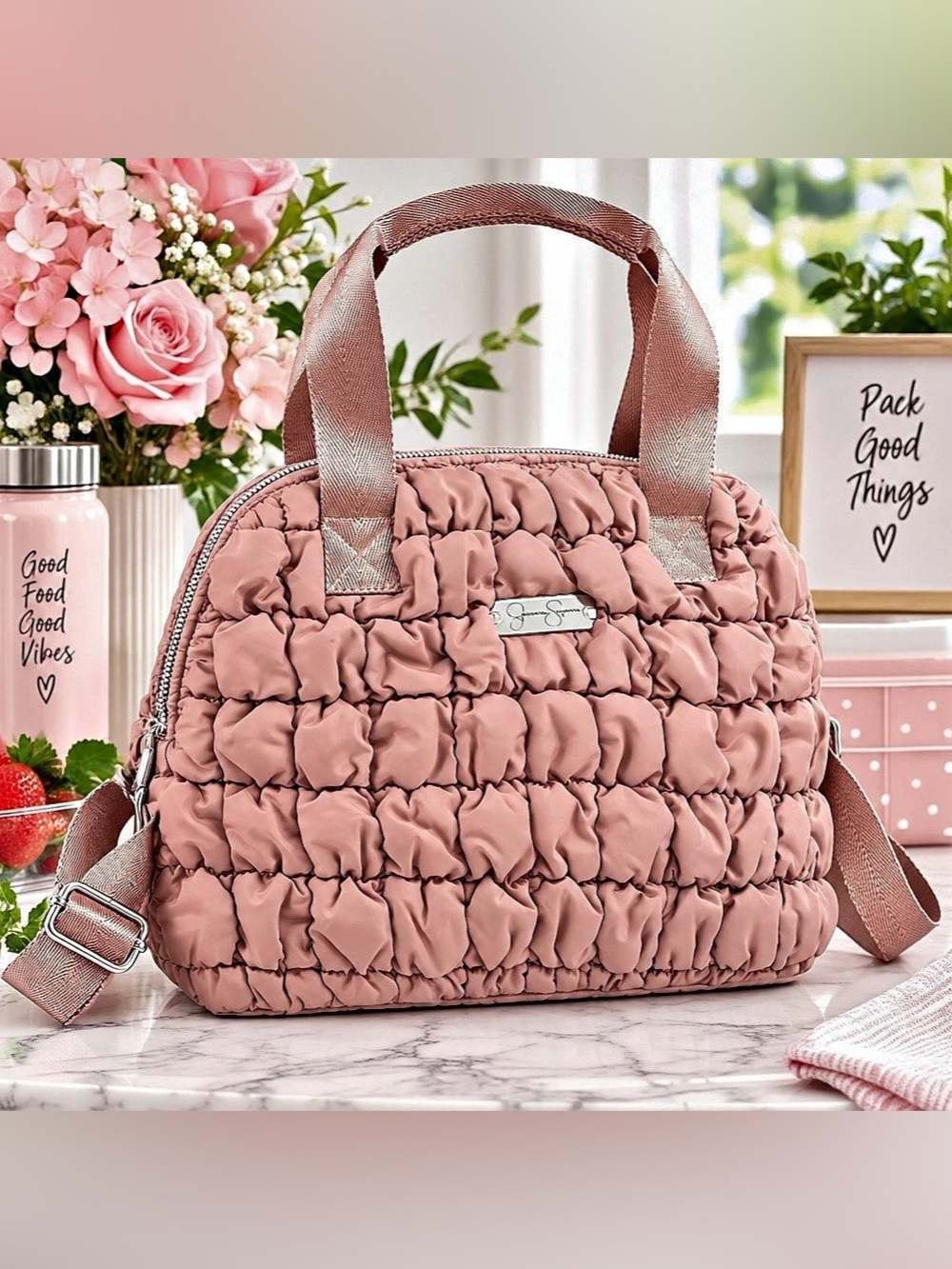 Jessica Simpson Ruffle Quilted Insulated Lunch Bag Tote – Blush Coral/Pink – NWT